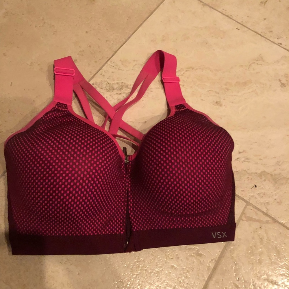 32DD pink and maroon strappy sports bra
